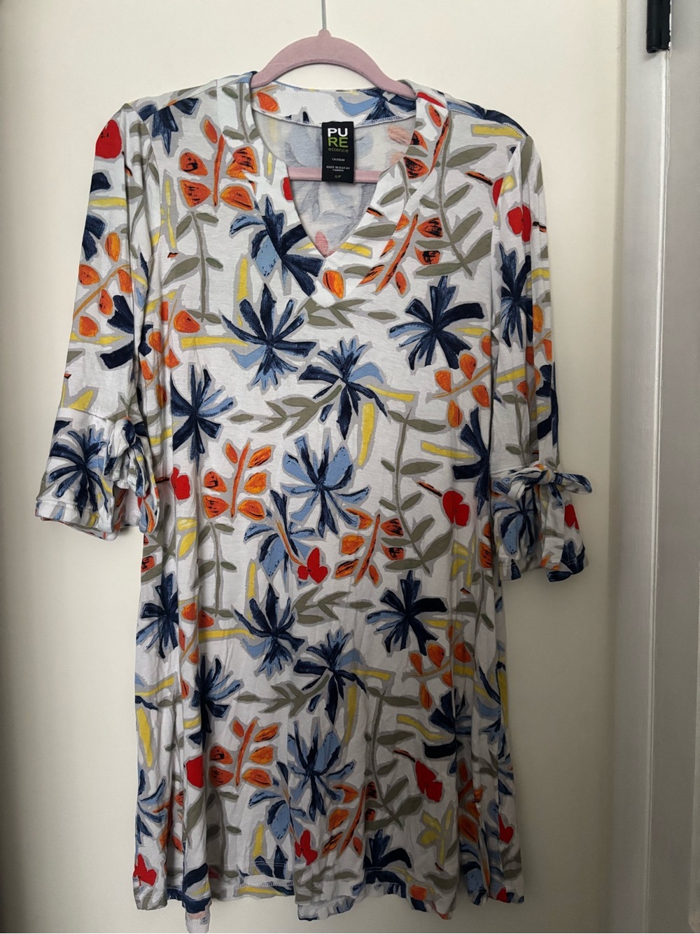 Pure Essence Floral V-Neck Tie-Sleeve Tunic in Navy, Red, Orange & Yellow